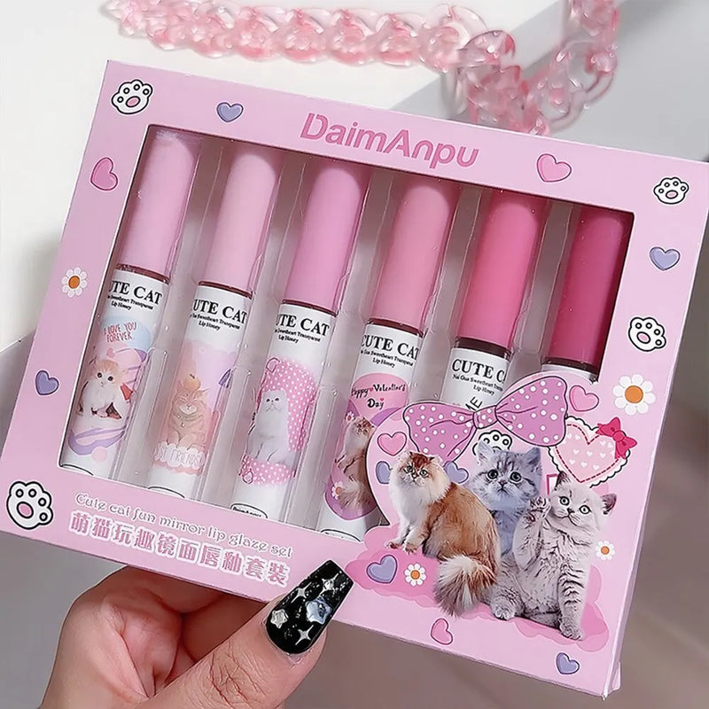 Cute Cat Fun Mirror Lip Glaze Set 6 Colors Highly Pigmented Lip Stain Hydrating Glossy Lip Makeup Perfect Gift