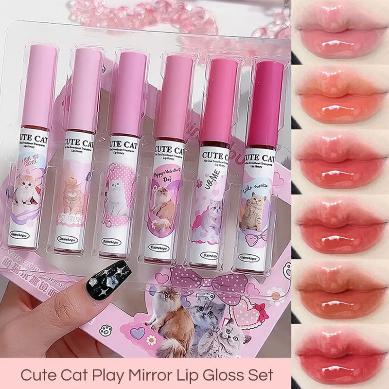 Cute Cat Fun Mirror Lip Glaze Set 6 Colors Highly Pigmented Lip Stain Hydrating Glossy Lip Makeup Perfect Gift